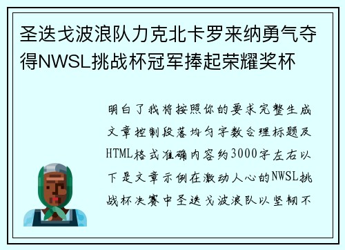 圣迭戈波浪队力克北卡罗来纳勇气夺得NWSL挑战杯冠军捧起荣耀奖杯